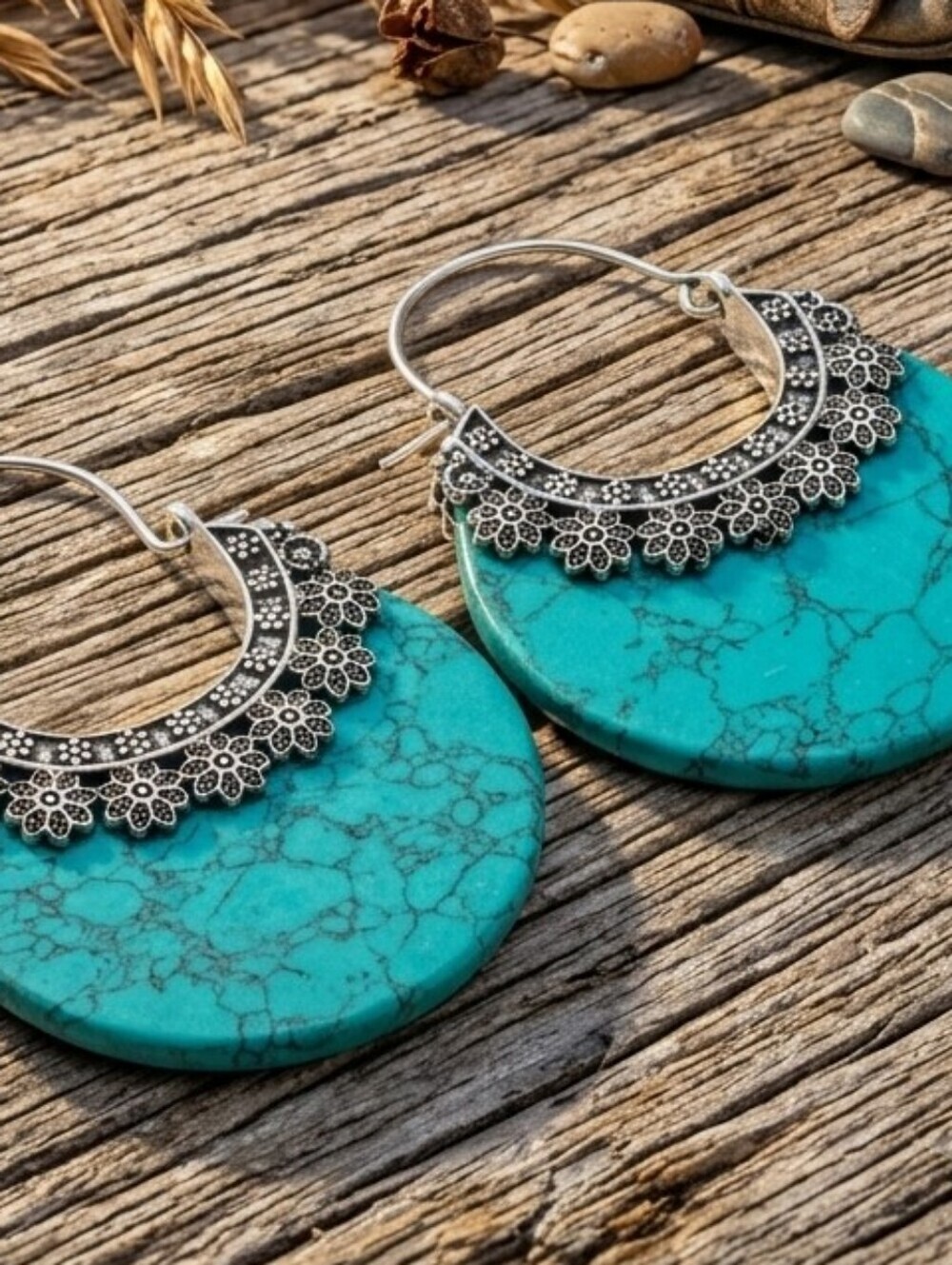Turquoise Stone Crescent Hoop Earrings 925 Silver Plated Southwestern Artisan 2" - Picture 7 of 16